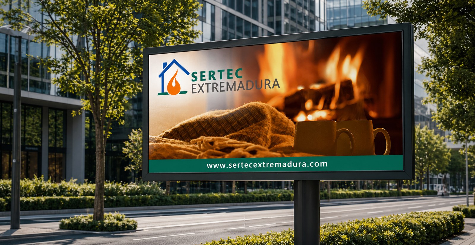 Cartel publicitario de Sertec Extremadura — chimenea y hogar